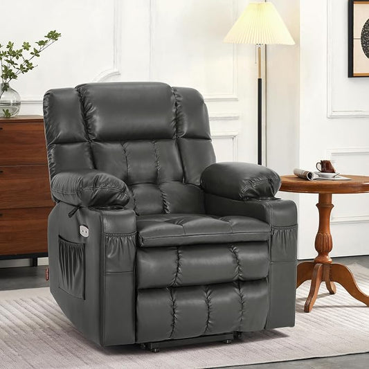 MCombo Small Dual Motor Power Lift Recliner Chair for Petite Elderly, Zero Gravity Lift Chair with Heat and Massage, Infinite Position Lay Flat Recliner, USB Ports,Faux Leather 7893 (Grey, Small)