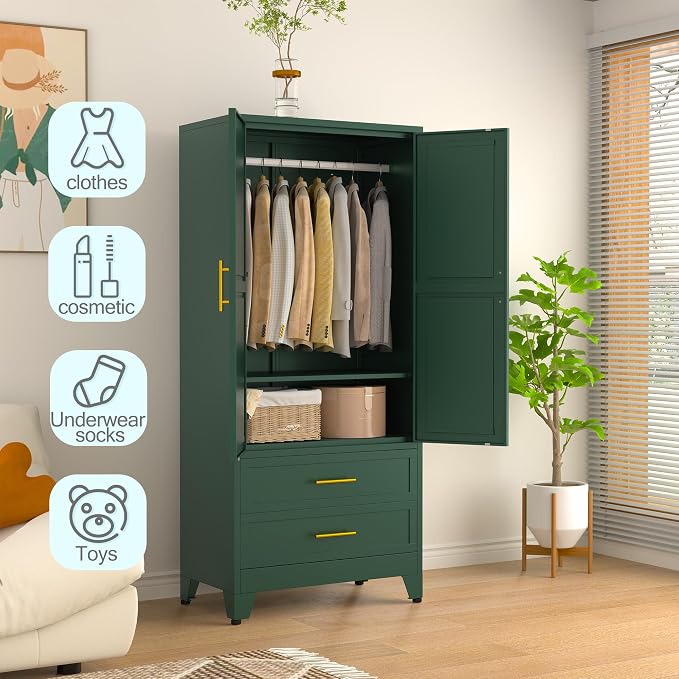 erosoei Metal Armoire Wardrobe Closet, 71 "Metal Clothing Storage Cabinet | with Adjustable Shelves and Hanging Rod, Household Steel Wardrobe Storage Cabinet with Drawers (armoire-green)