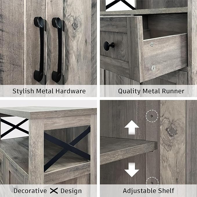 Befrases Set of 2 Farmhouse Storage Cabinet with Drawers and Shelf, Freestanding Kitchen Pantry Storage Cabinet, Floor Hutch Cupboard for Kitchen, Living Room, Home Office, Rustic Grey