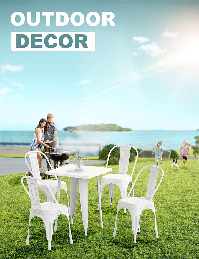 Nazhura Metal Dining Chair Farmhouse Tolix Style for Kitchen Dining Room Café Restaurant Bistro Patio, 18 Inch, Stackable, Waterproof Indoor/Outdoor (Sets of 4) (White)