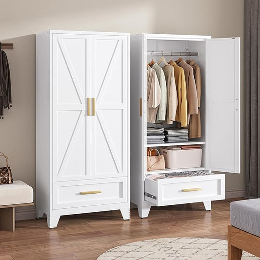 LCAOPC 71" Tall Metal Wardrobe Cabinet with Drawer and Hanging Rod, 2 Doors Armoire Wardrobe Closet with Shelf for Bedroom, Office, Laundry Room, White