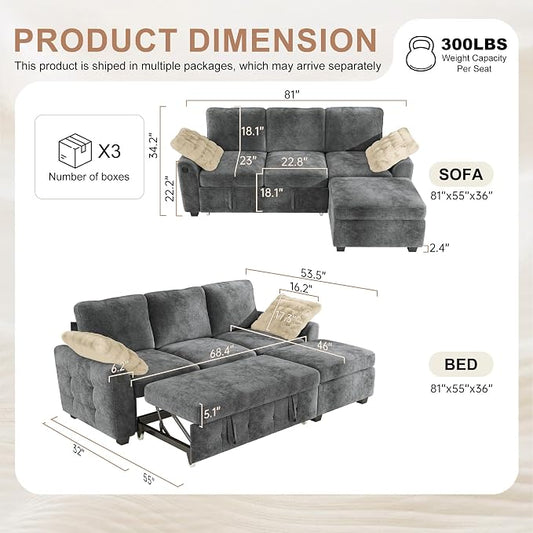 Hanherry 81" Sectional Couch with Pull Out Sofa Bed,Chenille Sleeper Sofa with Storage Ottoman & USB Charging,Comfy L Shaped Modular Couches for Living Room,Apartment