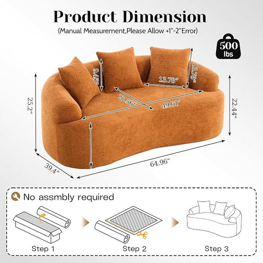 65" Curved Loveseat for Small Spaces,Boneless Loveseat Sofa,Wood Grain Chenille Fabric, No Installation Requirement, Curved Sofa Couch for Apartment,Living Room,Office (Orange, 65")