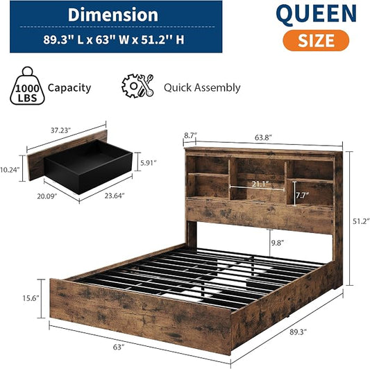 GarveeHome Queen Bed Frame with Tall Bookcase Headboard & 4 Storage Drawers - Sturdy Metal Slats Platform Bed with Charging Station, Noise-Free, No Box Spring Needed, Easy Assembly, Brown