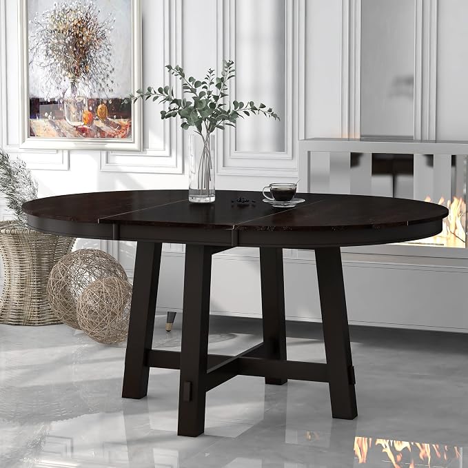 LUMISOL 42"-58" Extendable Round Dining Table for 4-8, Farmhouse Oval Kitchen Table with Removable Leaf, Solid Wood Dinner Tables for Kitchen, Dining Room, Small Space, Espresso