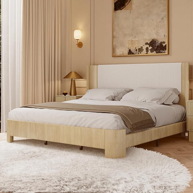 King Size Upholstered Platform Bed Frame with Wingback Headboard, Motion-Sensing LED Lights, Sturdy Slats, Mattress-Lock Footboard, PU Leather,No Box Spring Needed, Easy Assembly, Whitewashed Oak