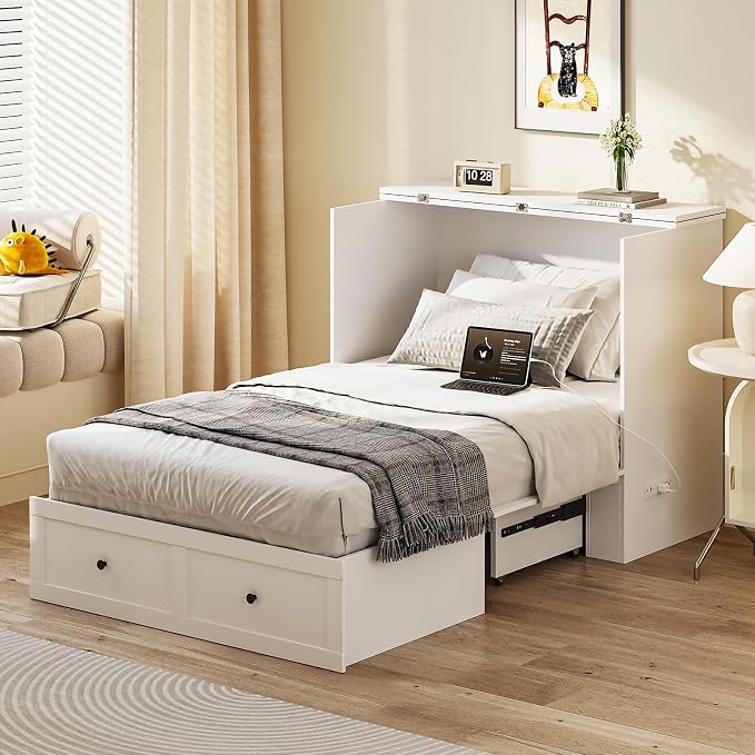 LIVAUVEAD Twin Murphy Bed with Built-in Charging Station, Space-Saving Murphy Bed Chest Twin with Drawer, Foldable, for Home Office Guest Room Bedroom White
