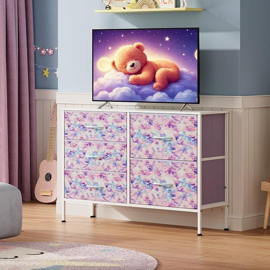 WLIVE Dresser for Bedroom with 5 Drawers, Wide Chest of Drawers for Bedroom, Fabric Dresser for Living Room, Closet, Hallway, Tie-dye Print (Pink, Purple, Blue)