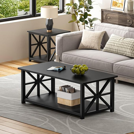 GreenForest Coffee Table for Living Room with Round Corners | Rustic Style Center Table with Storage Shelf,39 Inch X-Frame Sofa Table,Space Saving,Easy Assembly,Black