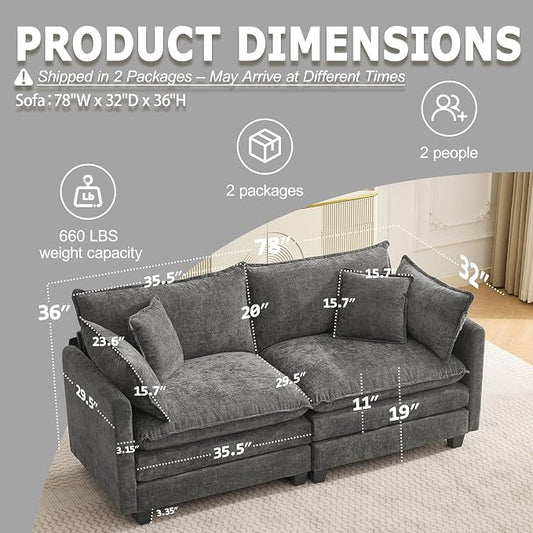 78" Modular Sectional Sofa, Cloud Couch Loveseat Sofa, Deep Seat Washable Chenille Fabric Sofa with Throw Pillows, 2 Seat Modern Couches for Living Room Bedroom Apartment, Grey