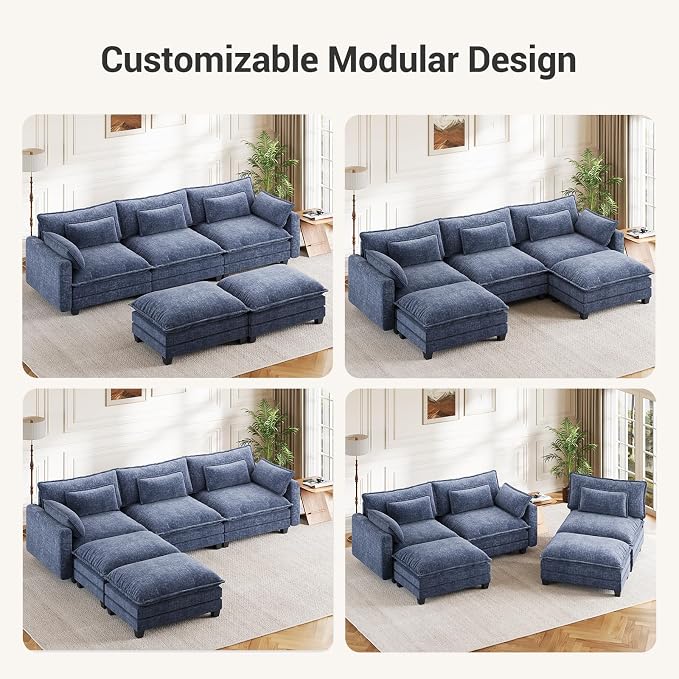 Pipishell 110.6" Modular Sectional Sofa, U Shaped Cloud Couch with Movable Ottoman, 5-Seat Chenille Deep Seat Cloud Modular Sectional Sofa with Throw Pillows for Living Room & Apartment, Blue