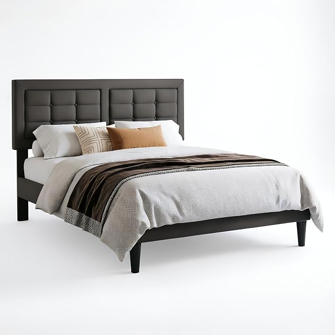 VECELO Queen Size Bed Frame, Adjustable Upholstered Button Tufted Headboard, Heavy-Duty Bedframe with Wood Slats Support, No Box Spring Needed, Linen & Dark Grey
