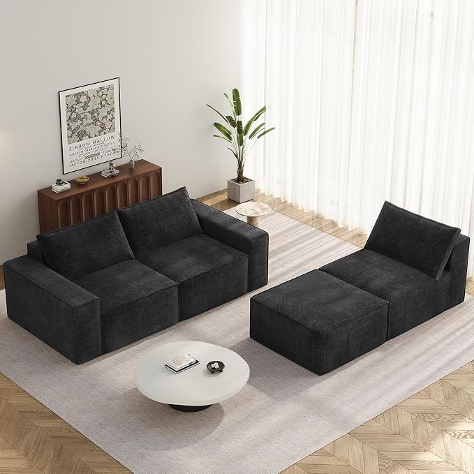 Vesgantti 114" Modular Boneless Couch, Convertible Chenille L Shaped Cloud Couches for Living Room, Modern Cozy Sectional Sofa with Deep Seat, No Assembly Required, Black