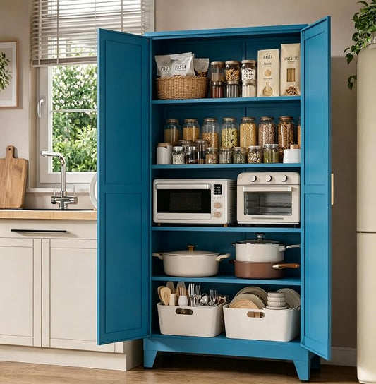 71”H Metal Kitchen Pantry Cabinet, Pantry Cabinets with 2 Doors and 4 Shelves, Kitchen Cabinet for Kitchen, Dining Room, Living Room and Bathroom, Blue