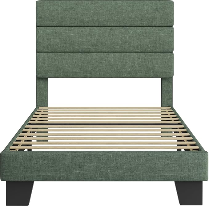 Allewie Twin Size Platform Bed Frame with Fabric Upholstered Headboard and Wooden Slats Support, Fully Upholstered Mattress Foundation/No Box Spring Needed/Easy Assembly, Green