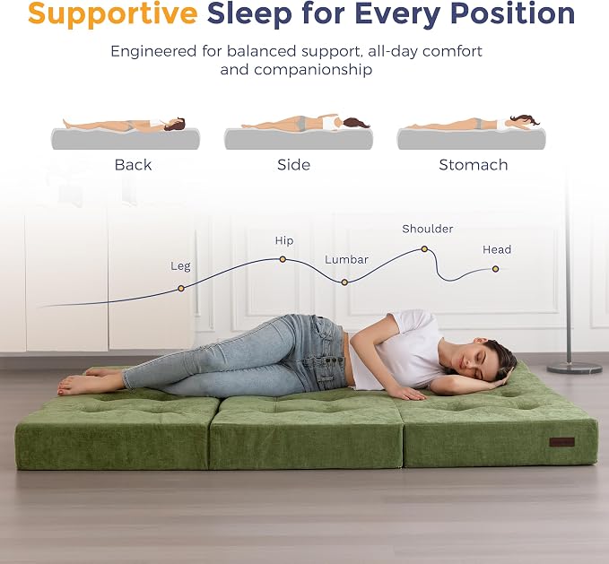 MAXYOYO 6" Folding Sofa Bed for Floor, Tufted Tri-Fold Floor Mattress with Chenille Fabric, Queen Size Portable Sofa Couch Guest Mat for Adults, Foldable Topper for Camping, Green, 59"x78.7"