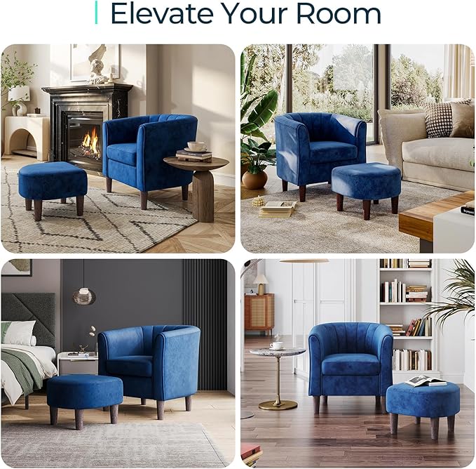 LINSY Accent Chair with Ottoman, Modern Barrel Chair Comfy Armchair Reading Chair with Footrest, Round Arms Chair for Living Room Bedroom Reading Room, Velvet, Blue