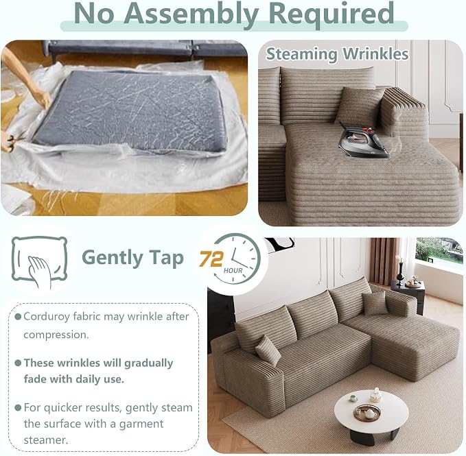 95" Modular Sectional Sofa, Modern Corduroy Cloud Couch with Side Pockets, Boneless Couch Upholstered 3-Seater L-Shaped Sofa for Living Room, No Assembly Required (Camel,Right-Facing Chaise)