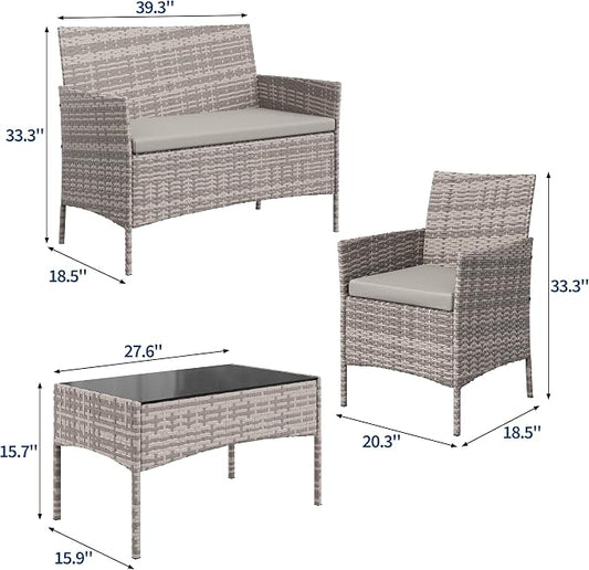 4-Piece Outdoor Furniture Set, PE Rattan Wicker Chairs with Soft Cushions & Tempered Glass Coffee Table - All-Weather Patio Set for Garden, Backyard, Porch, Poolside (Gray/Light Gray)