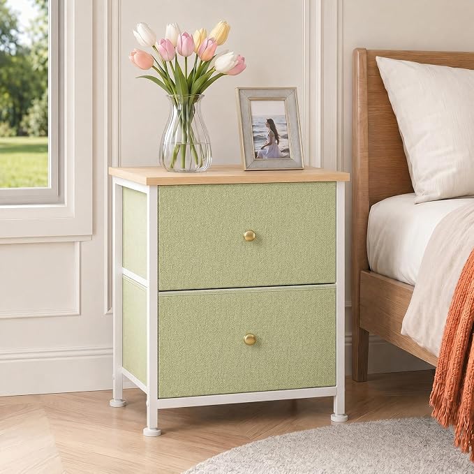 Sweetcrispy Nightstand Set of 2 with 2 Storage Drawers, Small Bedside Table | 20" Height Furniture End Table, Wooden Top Fabric Cabinet for Bedroom, Closet, Entryway, Light Green 2Pack