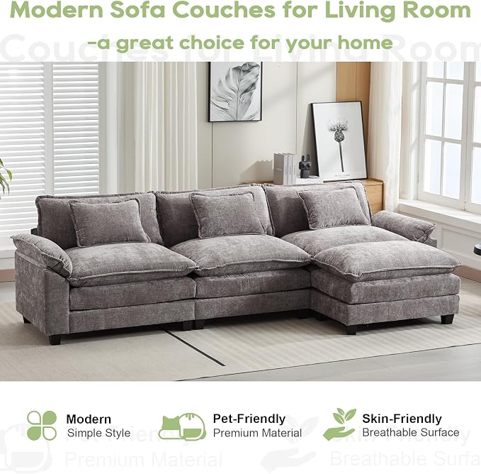 Oprisen 120" Modular Sectional Sofa, Comfy Cloud Couch Sectional Sofa with Ottoman, Chenille Sofa Sleeper Deep Seat Sofa with Throw Pillows for Living Room (Light Gray, 120"- L Shape)