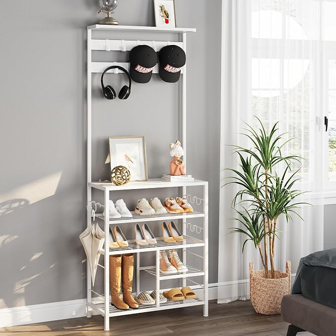 GiftGo Modern White Large 5-Tier Hall Tree Entryway Wooden Shoes Rack Shelf Coat Rack with Movable 9 Metal Hooks Storage Organizer for Home Office Bedroom Mudroom Living Room