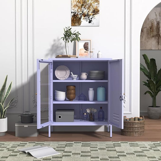 Metal Cabinet Metal Bathroom Storage Cabinet Metal Storage Cabinets with Glass Door and Adjustable Shelves Cabinet Storage for Coffee Bar for Homes, Living Rooms and Offices Purple 33''H