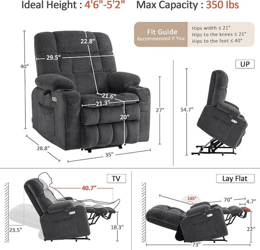 MCombo Small Dual Motor Power Lift Recliner Chair for Petite Elderly, Zero Gravity Lift Chair with Heat and Massage, Infinite Position Lay Flat Recliner, USB Ports, Fabric 7893 (Small, Dark Gray)