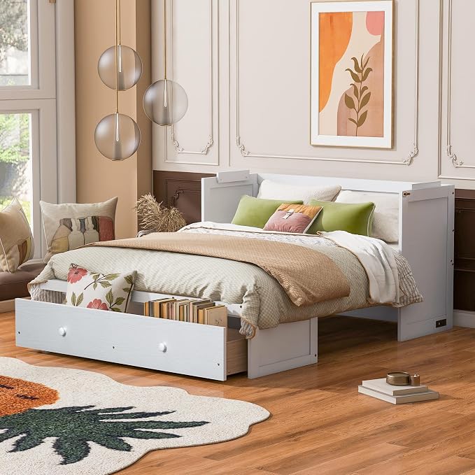 Queen Murphy Bed Cabinet with Storage Drawer and USB Port, Space Saving Bed | Converts from cabinet to bed for overnight guests, has 450-lb capacity, supports a 6-inch mattress, no box spring required