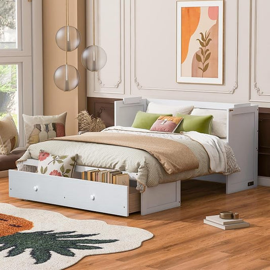 Queen Murphy Bed Cabinet with Storage Drawer and USB Port, Space Saving Bed | Converts from cabinet to bed for overnight guests, has 450-lb capacity, supports a 6-inch mattress, no box spring required