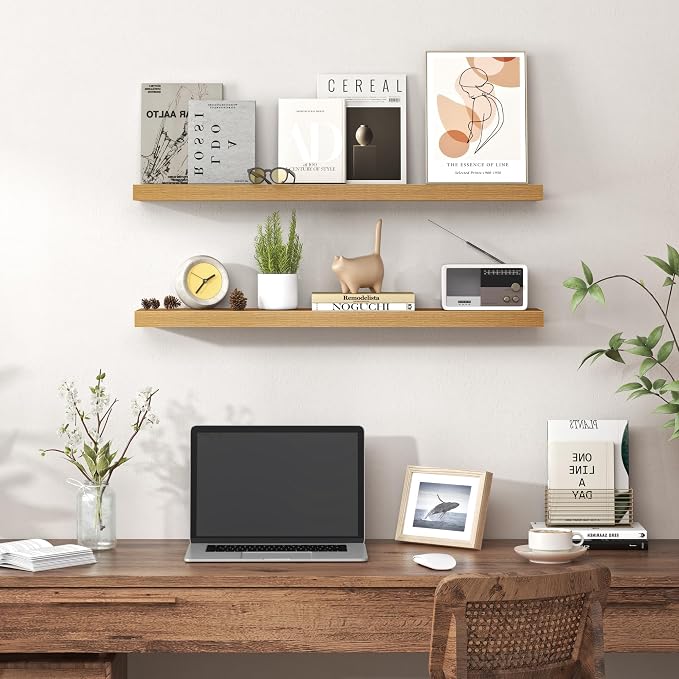 Heimlove Floating Shelves for Wall 32 Inch,Mounted Storage Wood Shelves with Invisible Brackets Hanging Shelf for Bedroom Living Room Kitchen Office,Set of 2,Oak Color