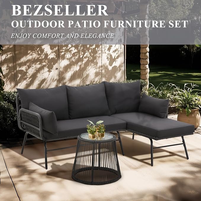 Bezseller 3-Piece Outdoor Patio Furniture Set, L-Shaped Rattan Sectional Sofa with Thick Cushions, Glass Coffee Table – All-Weather Conversation Set for Backyard, Porch, Poolside
