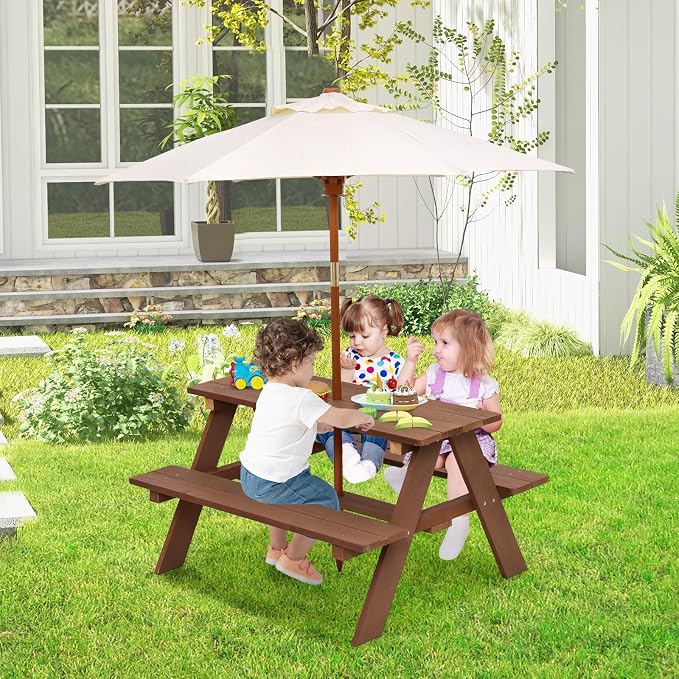 HONEY JOY Kids Picnic Table, Outdoor Wooden Bench Set w/Removable Umbrella, Children Backyard Furniture for Patio Garden, Toddler Picnic Table for Outdoors, Gift for Boys Girls, Walnut