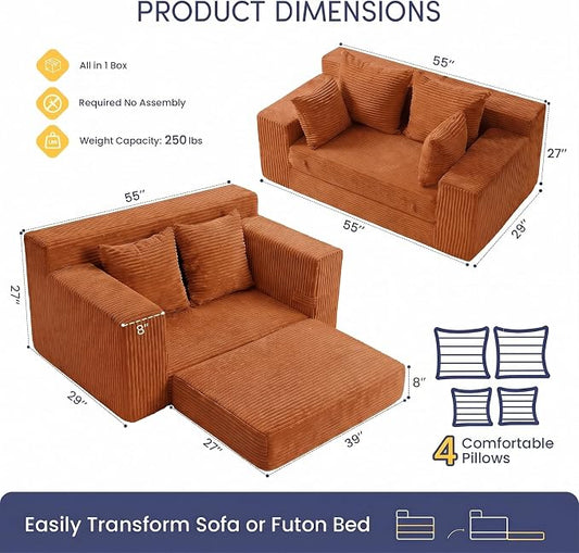 cidludto Convertible Sofa Bed, Boneless Couch 2 in 1 Loveseat Folding Couch Bed Foldable, Chair Bed & Futon Sofa Bed, Small Corduroy Pull Out Sofa with 4 Pillows for Living Room, Orange