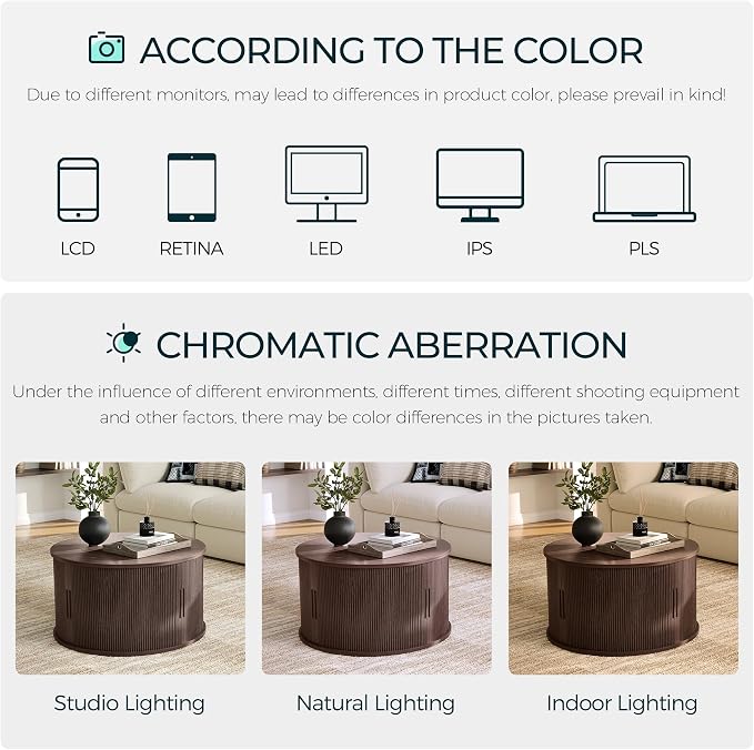 LINSY HOME Round Coffee Table, 31.5" Drum Coffee Table with Sliding Tambour Door, Fluted Accent Center Table with Storage, Mid Century Modern Coffee Table for Living Room, Walnut