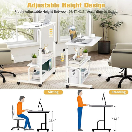 Mobile Laptop Desk with Power Outlets, Height Adjustable TV Tray Table with Storage Shelf, Rolling Computer Table with USB Ports (White)