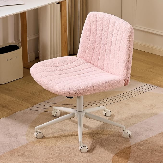 VINGLI Criss Cross Legged Chair,Wide Comfy Office Desk Chair,Dual-Use with/no Wheels Computer Task Chair,Swivel Armless Vanity Boucle Chair for Study,Make Up,Home Office,Teddy Fleece,Pink