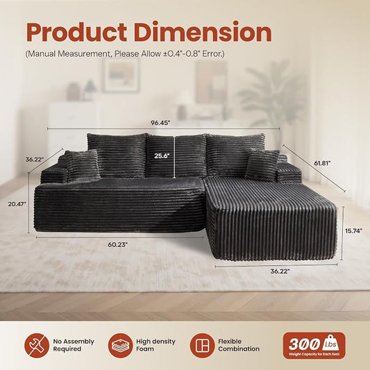 ovios 96" Cloud Sectional Couch with L-Shape Chaise,Modern Modular Sofa with Deep Seat, Upholstered Couches for Living Room Bedroom,No Assembly Required, Grey (Plush Corduroy Fabric)