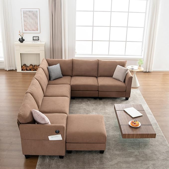 122.8" Large Sectional Couches for Living Room, 6 Seater L Shaped Modular Sectional Sofa with Storage Ottoman & USB, Oversized Corner Couch for Living Room(Brown)