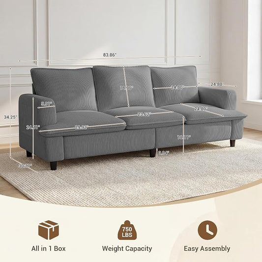 GRUSIGN 3 Seater Couch, 83" Comfy Corduroy Sofa with Deep Seat, Modern Sofa Couch for Living Room, Office, Bedroom, Apartment (Pillows not Included)