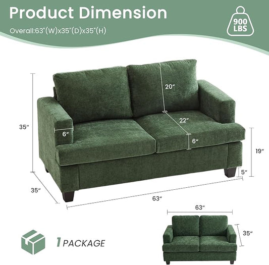 YOUDENOVA 2 Piece Set Comfy Sofa Couch, Loveseat Sofa * 2 with Deep Seats, Modern Sleeper Couch for Living Room, Green Chenille