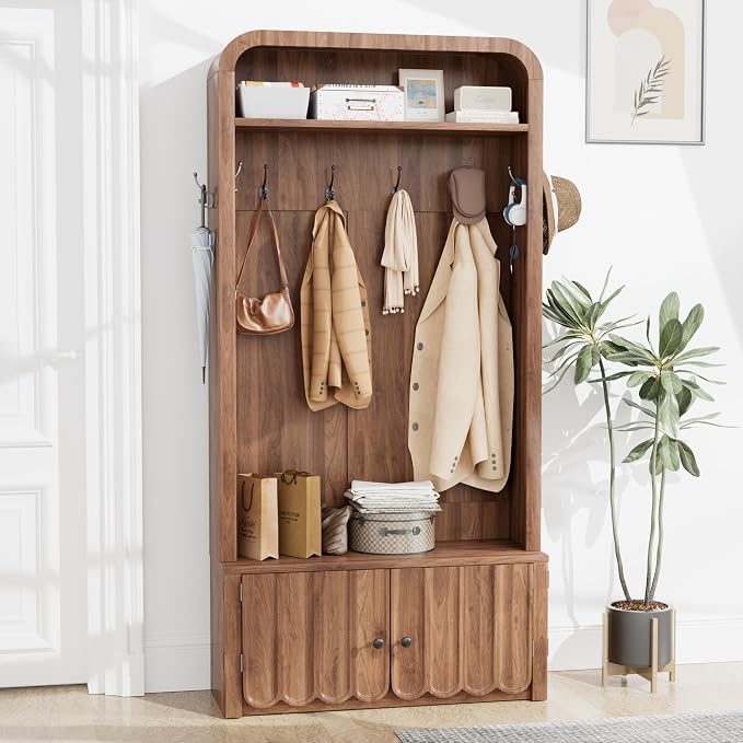Narrow Hall Tree with Bench and Shoe Storage, Arched Entryway Coat Rack with Adjustable Shoe Cabinet,8 Hooks, Modern Rustic Mudroom Storage Organizer with Scalloped Wave Fluted Doors (Walnut)