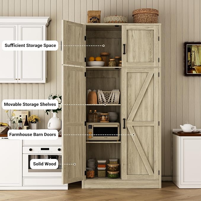 Unikito 71” Farmhouse Storage Cabinet, Large Kitchen Pantry Storage Cabinet with Adjustable Shelves and Barn Doors, Versatile Tall Storage Cupboard for Dinning Room, Bathroom, Living Room, Wash Gray
