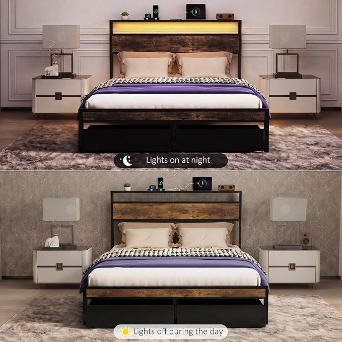 Full Bed Frame with 2 Drawers and Storage Headboard, Metal Platform with LED Lights and Charging Station, No Box Spring Needed, Noise Free, Easy Assembly