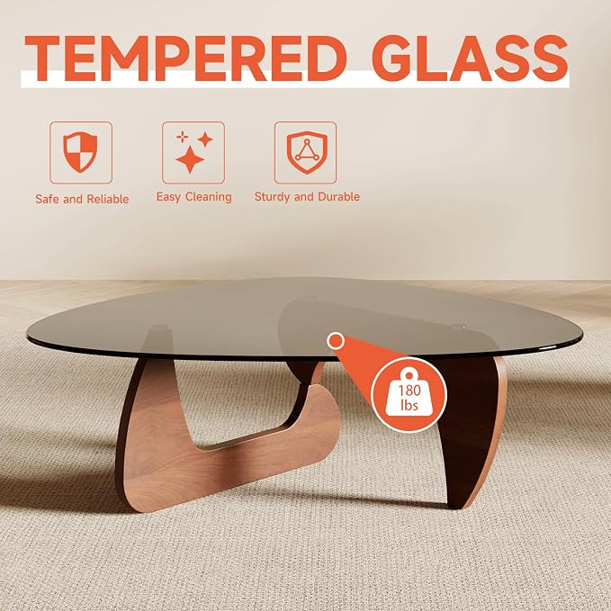 Modern Coffee Table for Living Room and Small Spaces, 43.3" x 29.5" x 15.8" Triangle Tempered Glass Table Top and Eco-Friendly Solid Wood Base, Walnut
