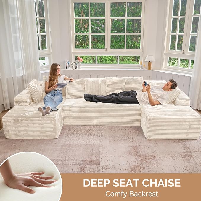 Luxanimarion 131'' U Shaped Sectional Couches with Chaise Lounge, U-Shaped Boneless Deep Seat Modular Sofa for Living Room 1PCS, Bedroom(Beige)