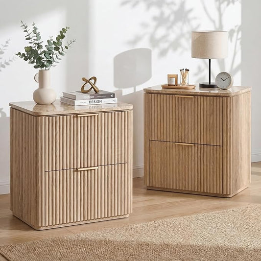 Fluted Nightstand Set of 2, 23" W Night Stand with 2 Drawers, Wood Bed Side Table with Faux Marble-Top, Curved Corner, Metal Handle, Modern Bedside Table for Bedroom, Living Room, Office, Natural Oak