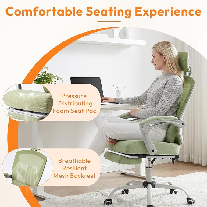 Home Office Desk Chair, Comfortable Mesh Computer Chair with Foot Rest, Reclining Gaming Chair with Headrest and Lumbar Support, 90°-130° Reclining, Green