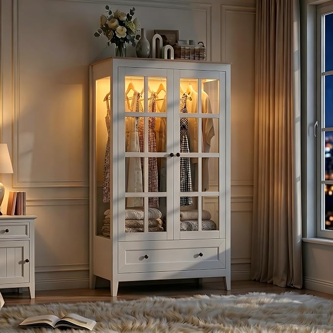 Loomie Armoire Wardrobe Closet with LED Lights, Bedroom Freestanding Armoire Display Cabinet with Glass Doors and Drawer, Large Clothing Storage Cabinets with Hanging Rod for Bedroom