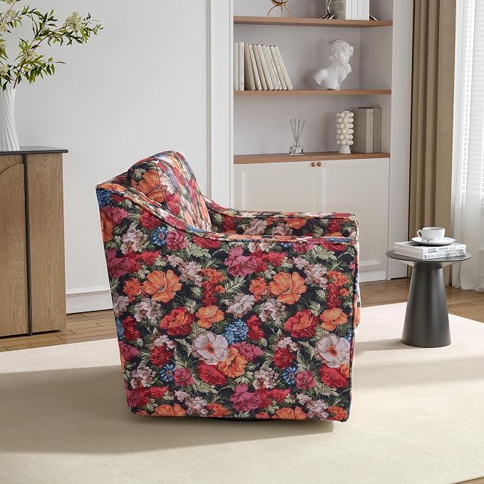 Swivel Accent Chair, 360° Swivel Upholstered Club Armchairs for Living Room, Comfy Fabric Single Sofa Reading Chair with Deep Seat, Metal Swivel Base, Black Floral
